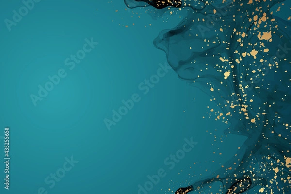 Fototapeta Modern watercolor background or elegant card design for birthday invite or wedding or menu with abstract teal or turquoise green ink waves and golden splashes.