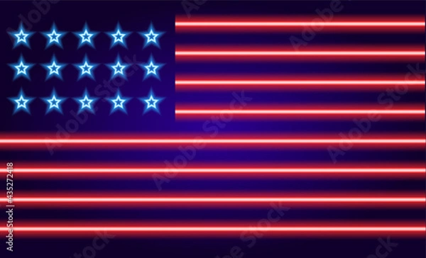 Fototapeta vector illustration of the neon sign of the US flag. glowing neon American flag with red stripes and blue stars on a dark blue background for the July 4th Independence Day design template. symbol of p