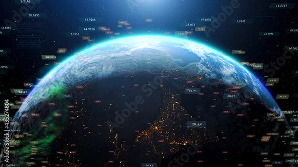 Fototapeta Earth hologram 3D digital HUD user interface background. Worldwide business data infographics concept