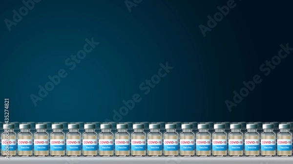Fototapeta A lot of Covid-19 Vaccine bottles line up in the row. close-up detail in bottles 3d render