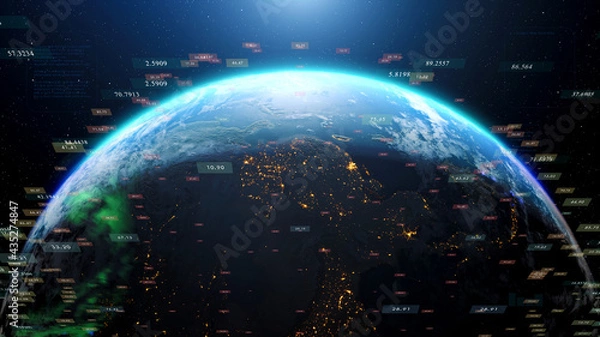 Fototapeta Earth hologram 3D digital HUD user interface background. Worldwide business data infographics concept