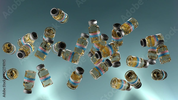 Fototapeta Covid-19 Vaccine bottles slow-motion rotation in the air. close-up liquid detail in bottles. Blue background. 3d render