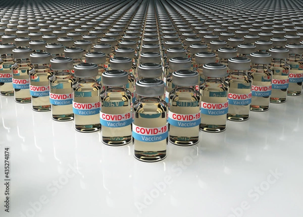 Obraz A lot of Covid-19 Vaccine bottles line up in the row. close-up detail in bottles 3d render