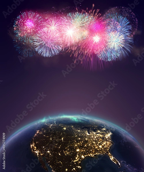Fototapeta Fireworks 4th of July celebration above USA. view from space. Independence Day background. 3d rendering