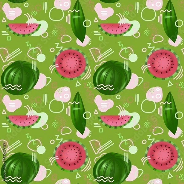 Fototapeta seamless pattern with watermelon on green background and geometric shapes , memphis style