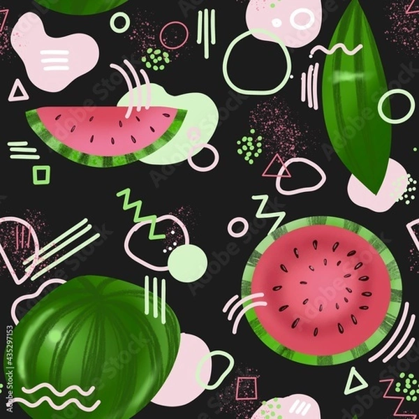 Fototapeta seamless pattern with watermelon on black background and geometric shapes , memphis style