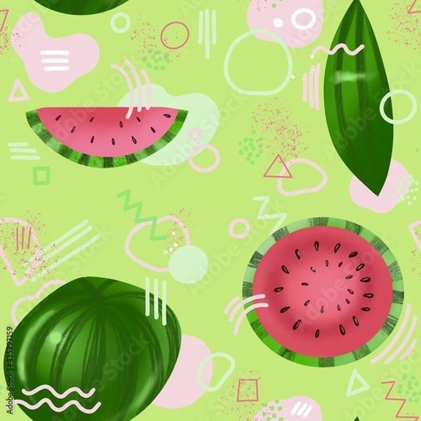Fototapeta seamless pattern with watermelon on green background and geometric shapes , memphis style
