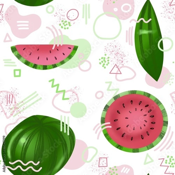 Fototapeta seamless pattern with watermelon on white background and geometric shapes , memphis style