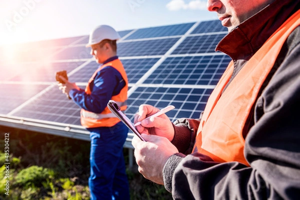 Fototapeta Inspector examination of photovoltaic modules using a thermal imaging camera
