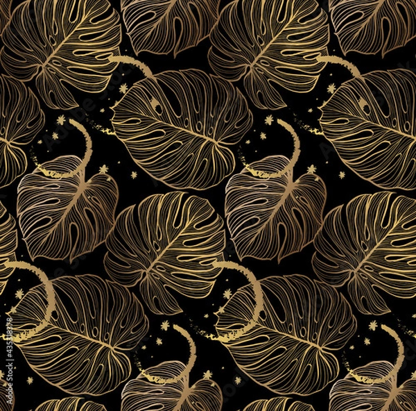 Fototapeta Vector seamless pattern with gold and black tropical leaves on dark background.