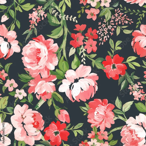 Fototapeta Beautiful vector seamless pattern with hand drawn watercolor summer pink gentle flowers. Stock floral illustration.