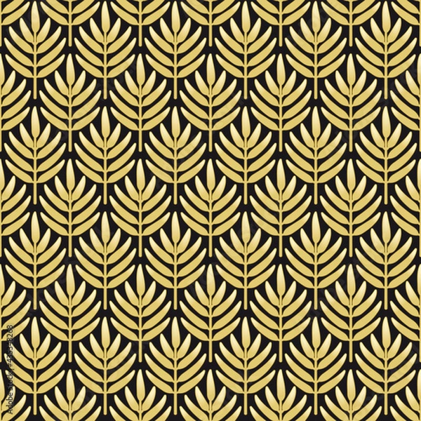 Fototapeta Art-Deco golden pattern, black leaves branch. Seamless pattern made in Art-Deco style.