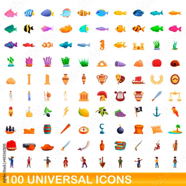 Fototapeta 100 universal icons set. Cartoon illustration of 100 universal icons vector set isolated on white background