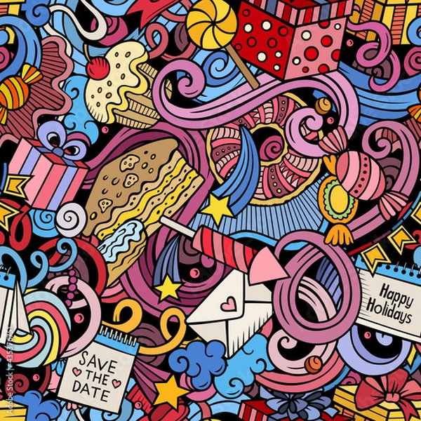 Fototapeta Happy Birthday hand drawn doodles seamless pattern.
