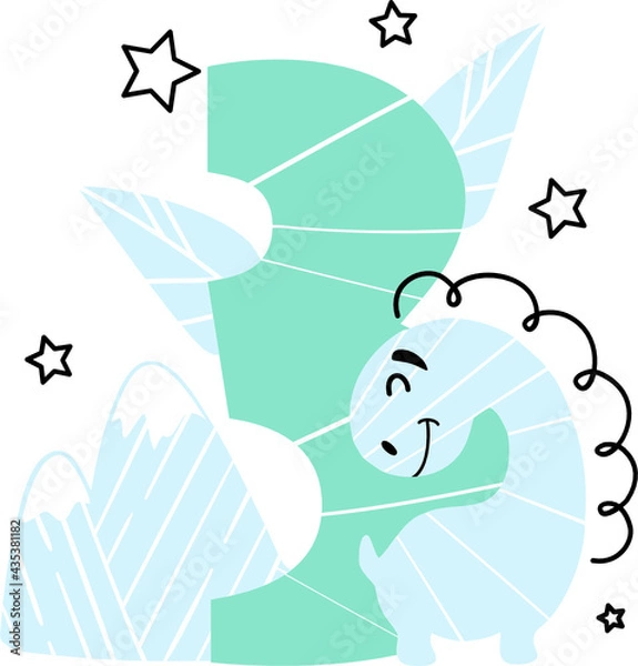 Fototapeta Vector illustration of Dinosaur birthday number 3, third, selebratign birthday for baby boy with plants and stars