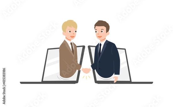 Fototapeta Two businessmen talk through laptop screens and shake hands. Online communication and business meeting, solated on white background. vector illustration. 