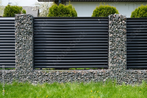 Fototapeta New build gabions fence. Gabion fence.