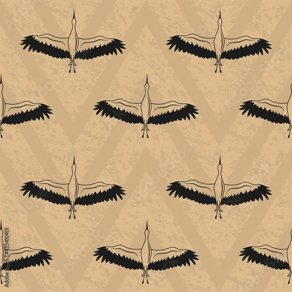 Fototapeta Vector Repeat Pattern With Textured Brown Bankground and Flying Storks Silhouettes. Great for Wallpaper, Fabric, Packaging Sketchbook Cover and more.