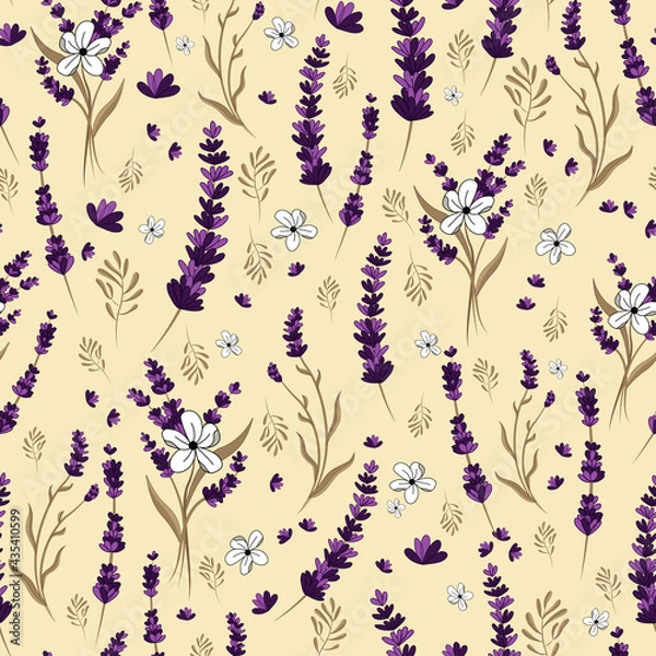 Fototapeta A seamless repeat pattern, designed with hand drawn purple lavenders, white flowers and some leaves. Vector illustration perfect for wallpaper, fabric, backgrounds, packaging projects and more.