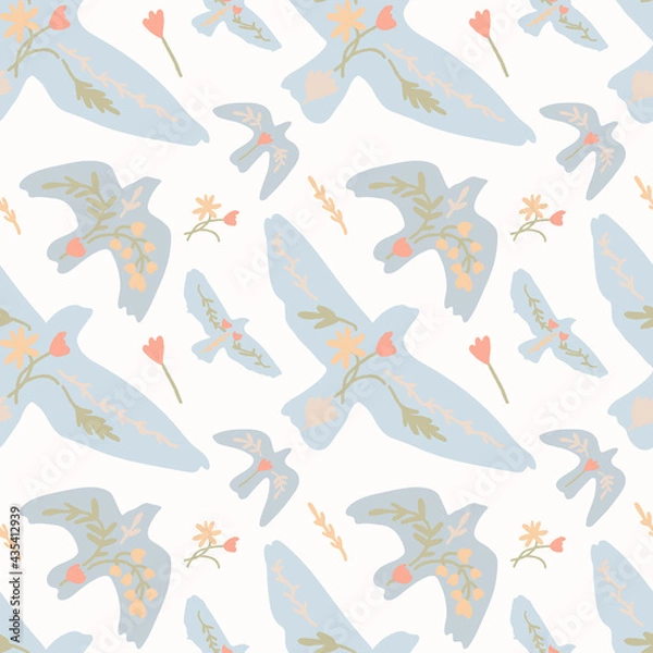 Fototapeta Vector pattern with bird. Flat hand drawn illustration. Flight colorful bird. A symbol of peace.