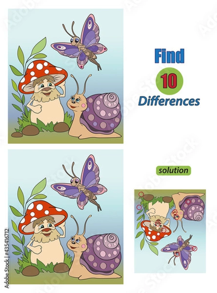 Obraz Cartoon illustration of finding differences between pictures educational game for children with  mushroom with eyes and hands, snail, butterfly