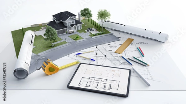 Fototapeta 3D rendering of a house architecture model with blueprints plan and tablet design plan .