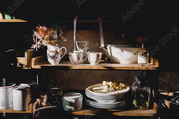 Obraz Shelves with decorative elements in a decorating workshop