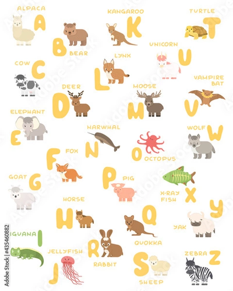 Fototapeta Vector isolated A-Z zoo alphabet cartoon animals education poster. Alpaca bear cow deer elephant fox goat horse iguana jellyfish kangaroo lynx moose octopus pig quokka rabbit sheep turtle unicorn bat