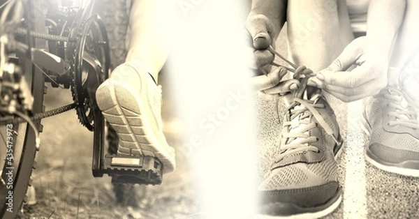 Fototapeta Composition of athletic female cyclist tying shoes over white blur