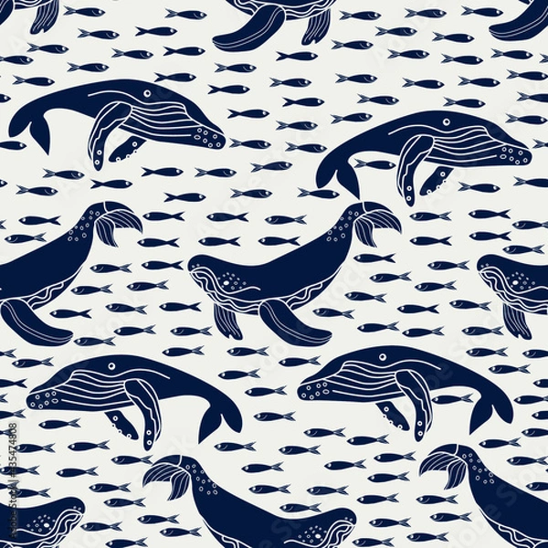 Fototapeta seamless pattern with whale and fish