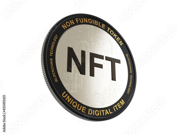 Fototapeta NFT text on metallic coin on white background, non fungible token