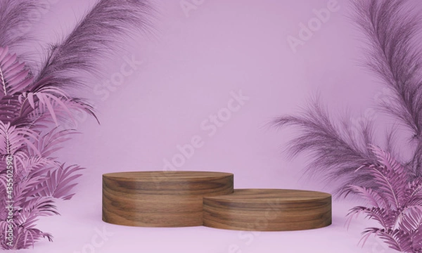 Fototapeta Purple abstract 3d background with wood platform for mockups