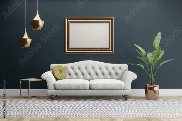 Fototapeta Dark grey gray room with gold accents and empty frame for mockups