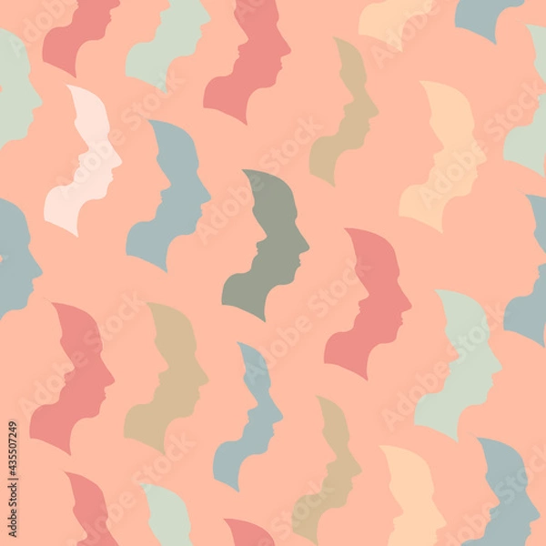 Fototapeta Seamless pattern of many different people profile heads. Vector background.