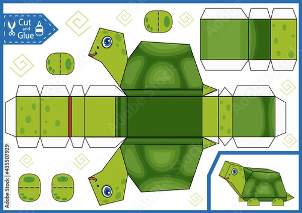 Fototapeta Kids craft 3d paper game. Cut and glue turtle. Activity page and worksheet for children. Cutout cartoon toy animal puzzle. Vector illustration.