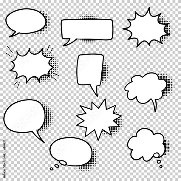 Obraz Hand drawn set of speech bubbles isolated with black halftone shadows on transparent background. Doodle set element. Vector illustration.