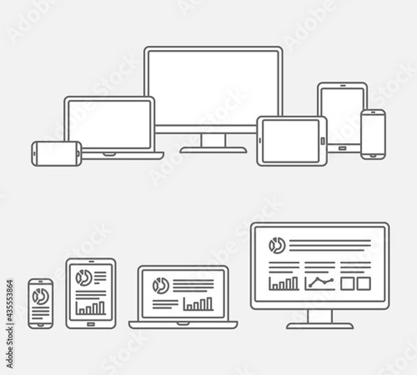 Obraz ノートパソコン・デスクトップ・スマートフォン・タブレットの、線画アイコンセット
