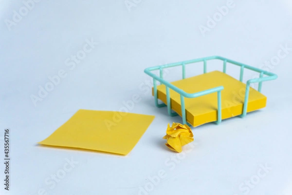 Obraz empty yellow sticky note and Crumpled note on white background with soft shadow.