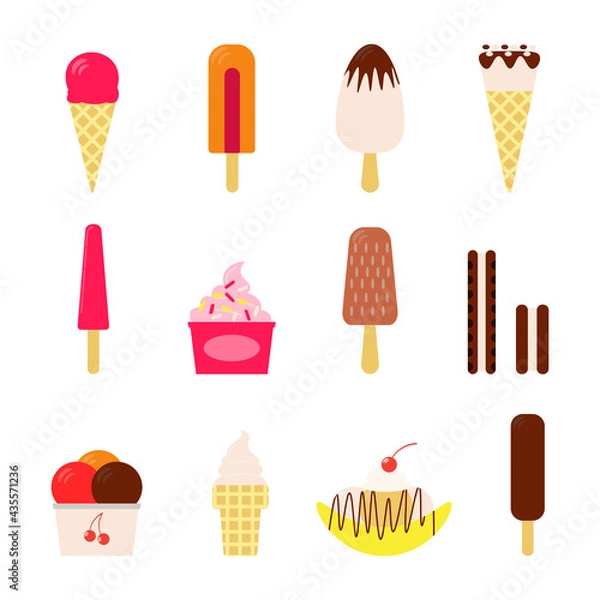 Fototapeta Flat vector illustration of set of various types of ice cream including frozen yogurt, gelato, soft serve, waffle cones, popsicles and other. Isolated on white background.