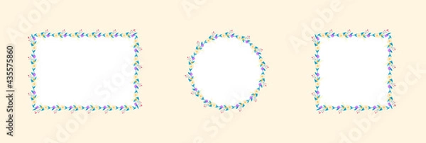 Fototapeta Set of floral frames. Flowers, berries and leaves. Square, round and rectangular frame. Pattern. White background. Vector illustration.  Isolated EPS.chamomile, chrysanthemum, buttercups, cranberries.