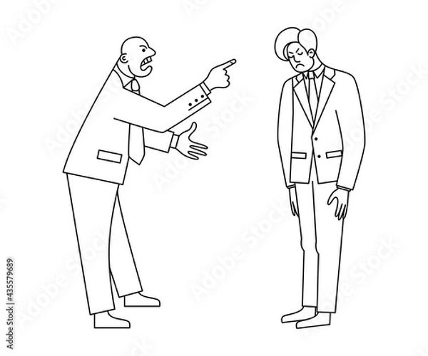 Fototapeta Angry chief shouts at the subordinate. Disgruntled boss insults the employee. Conflicts at work. Negative emotions. Contour drawing on an isolated white background.