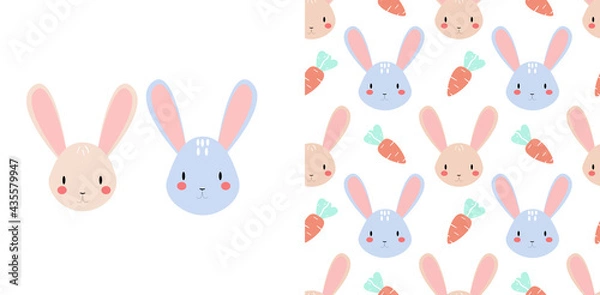 Fototapeta Cute seamless vector pattern with bunnies and carrot on white background. Childish illustration Scandinavian style hare .