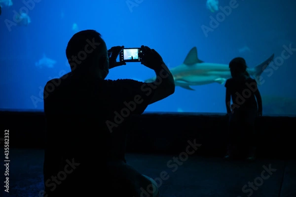 Fototapeta Father make a photo of daughter standing in front of aquarium with shark and other fishes inside.
