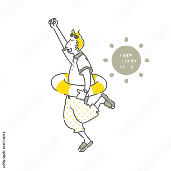 Fototapeta 楽しい夏休み中のビーチの男性　シンプルでお洒落な線画イラスト