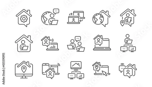 Obraz Work at home line icons. Remote worker, Freelance job, Office employee. Stay at home, internet work, remote teamwork line icons. Worker with computer, home workspace, shared network. Vector