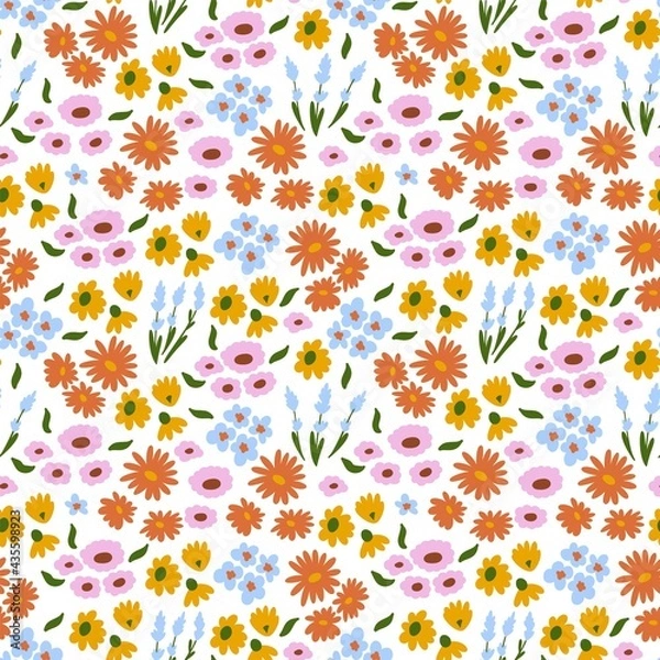 Fototapeta Floral pattern. Pretty flowers on white background. Printing with small colorful flowers. Ditsy print. Seamless vector texture.
