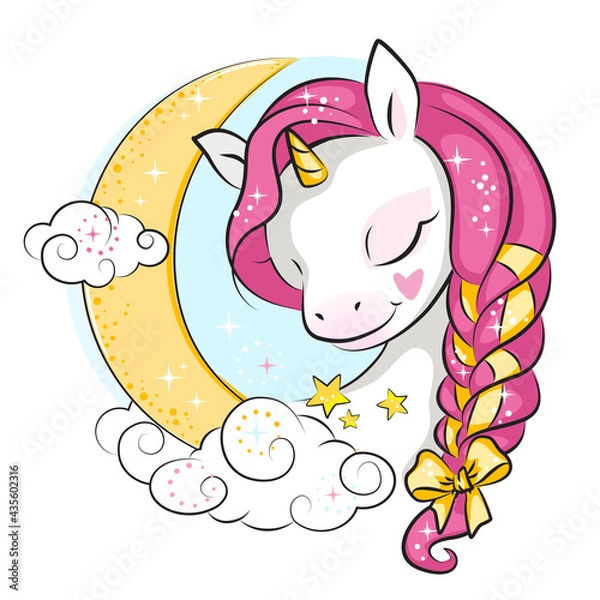 Fototapeta Little sleeping unicorn and moon. Beautiful picture for your design.