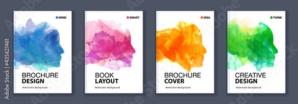 Obraz Watercolor booklet colourful cover bundle set with head profile silhouette