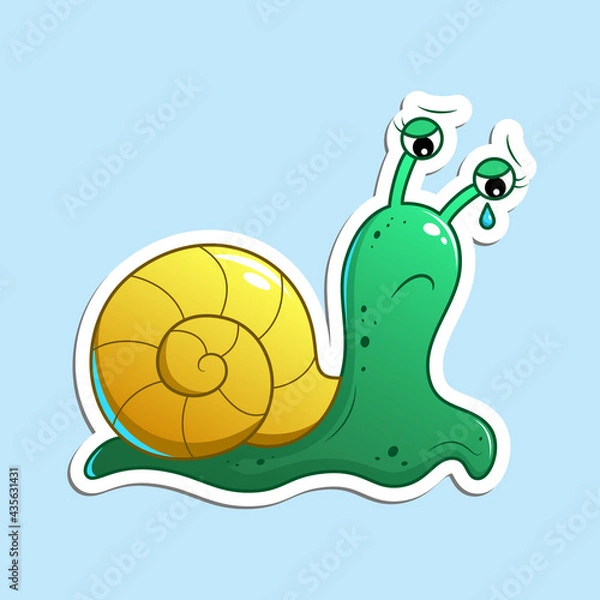 Obraz Cute cartoon snail with green body and yellow shell, sad and upset, crying, dropping blue tear. Vector illustration, sticker isolated on blue background