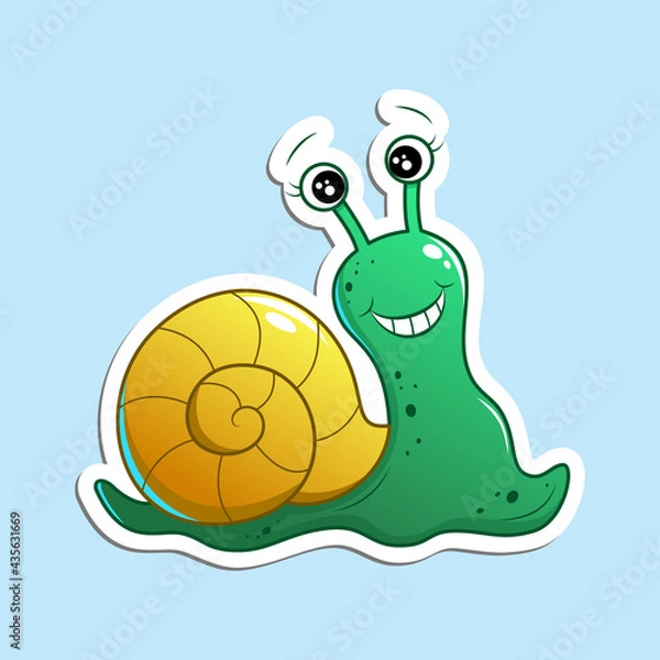 Fototapeta Cute and funny cartoon snail with green body and yellow shell, glad and happy, smiling wide, positive emotions. Vector illustration, sticker isolated on blue background